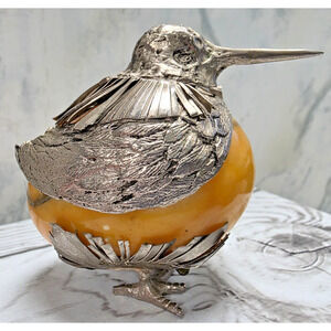 Egg Shaped Alabaster Stone, Silver/Pewter Bird Free Standing, Made In Italy, VTG